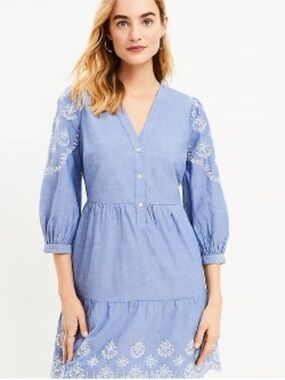 LOFT Chambray V-Neck Shirt Dress in Light Blue